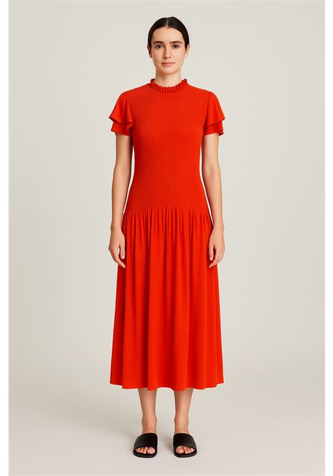 Red long dress with smock bodice, short double ruffle sleeves and flowing wide skirt for a romantic and sophisticated look. THE NEW SOCIETY |  | WDR17J1CHILI